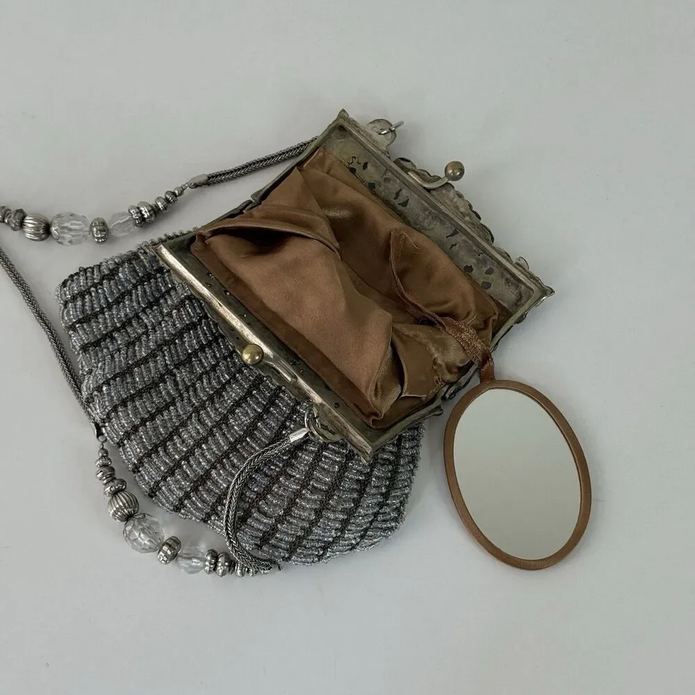Vintage 1920's Art Deco Beaded Evening Bag Silver Gold Metal Ornate Frame Mirror